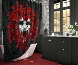 Wailing Medusa Goth Shower Curtain, Blood Red Snakes, Horror Home Decor - Black  - $71.00