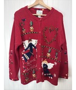 Vintage The Quaker Factory Christmas Angels Red Sweater Cardigan Embroid... - $512.39 MXN