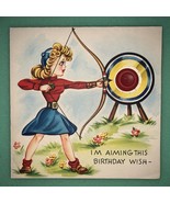 VINTAGE BLONDE GIRL CROSSBOW ARCHERY BULLEYE TARGET ARROW BDAY ART GREET... - $33.94 CAD