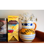 Vintage Czechoslovak Peasant-Style White Yellow Blue Stripe Pottery Pitcher Vase - $18.50