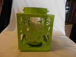 Square Green Metal Hanging Pillar Candle Holder Lantern Style Butterfly Design - £79.92 GBP