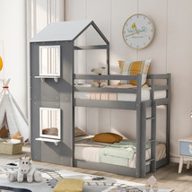 Twin Over Twin Bunk Bed Wood Bed with Roof, Window, Guardrail Ladder Gray - $561.38