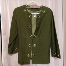 Donna Toran Lined Green Jacket 3/4 Sleeves Linen/Rayon Large Grommets Sz... - $27.44