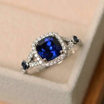 2.75Ct Cushion Cut Blue Sapphire &amp; Halo Diamond Wedding Ring 14K White Gold Over - £62.21 GBP