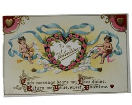 ANTIQUE VALENTINE Postcard Cupid Angel Cherub Embossed Gold Gilded Heart... - $9.49