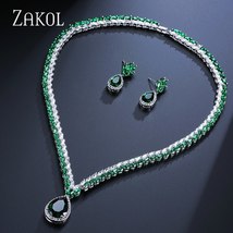 Classic Green Cubic Zirconia Drop Earring Pendant Necklace Set Bridal Jewelry fo - £45.46 GBP