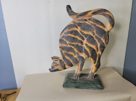 Crouching Tabby Cat Wood Hand Painted Indonesia 11 Inches Talll - $19.80