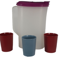 Tupperware Vintage Slimline Clear Pitcher with Purple Lid 2010B2 and 3 Cups 1251 - £11.93 GBP
