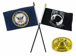 Navy Emblem W/ Pow Mia Prisoner Of War Flag 4&quot;X6&quot; Desk Set Table Stick Gold Base - £15.61 GBP