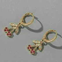 2Ct Round Simulated Red Ruby Diamond925 Silver Gold Plated Dangle Drop Earring - £71.59 GBP