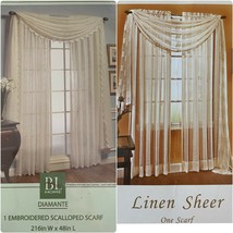 Diamante Embroidered Scalloped Stylemaster Linen Sheer 6-Yard Window Sca... - $32.18+
