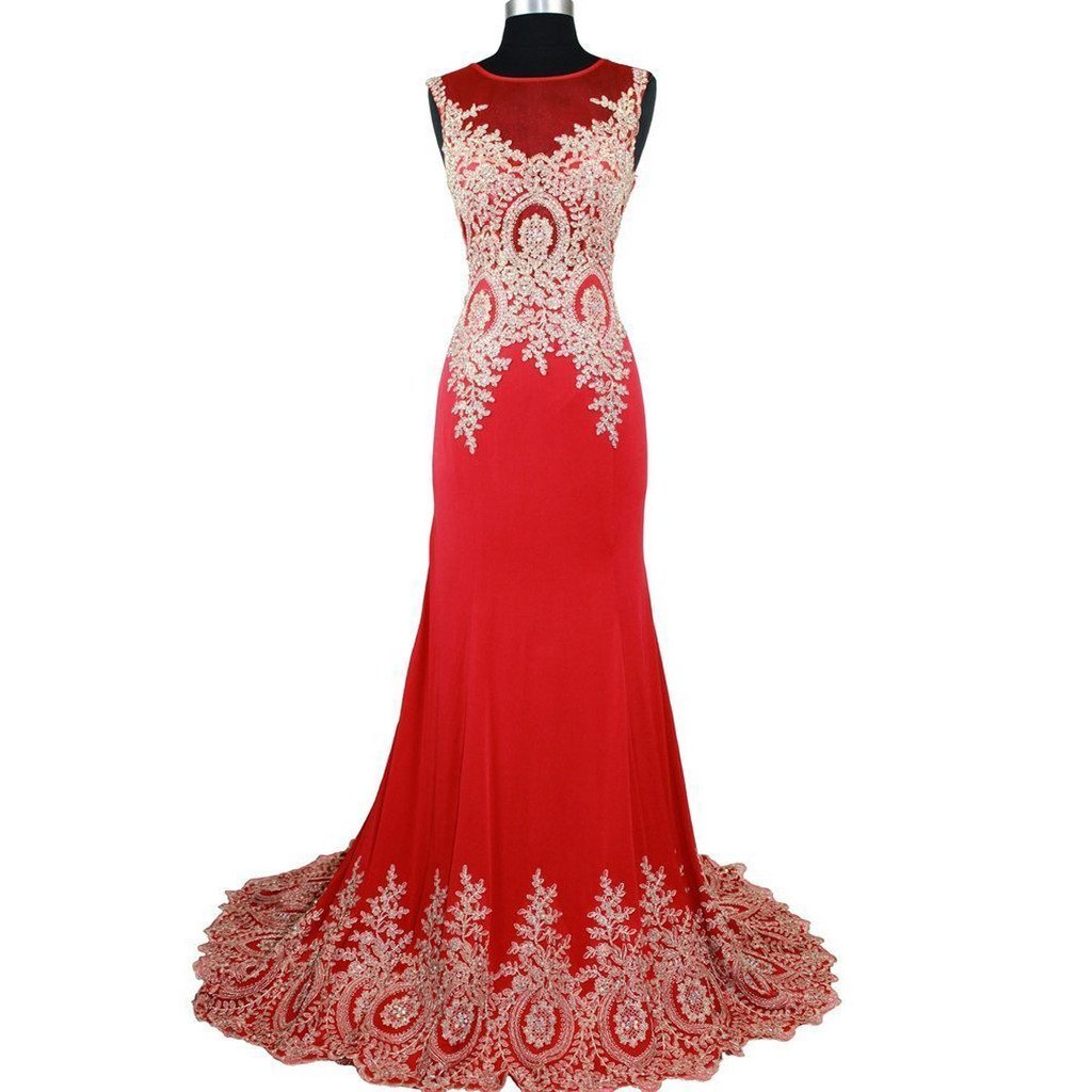 Sheer Top Long Mermaid Gold Lace Crystals Formal Women Prom Evening Dresses Red