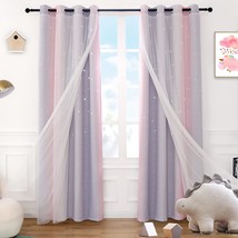 Anjee Pink Curtains For Girls Double Layer 2 In 1 Star Cutout, Pink And Grey - £47.68 GBP