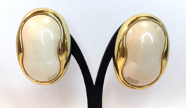 Large Faux White &amp; Gold Tone Oblong Clip On Earrings Modernist Statement... - $15.00