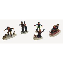 Christmas Village Set of 5 People Snow Ice Skating Sledding Kids Grandpa Dogs - £11.76 GBP