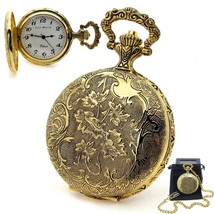 Pocket Watch Gold Color 47 MM Men Antique Design with Fob Chain and Box P231 - £15.67 GBP