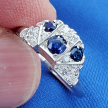 Earth mine Diamond Sapphire Deco Wedding Band Unique Vintage Solid Platinum Ring - $4,606.54 CAD