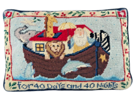 Noah&#39;s Ark Cross Stitch Pillow Handmade Needlepoint 9 x 14 in. Bible Story - $19.24