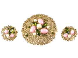 Brooch &amp; Earring Clips Sarah Coventry Jewelry Gold Tone Green Pink Pearl... - £70.30 GBP