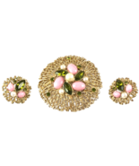 Brooch &amp; Earring Clips Sarah Coventry Jewelry Gold Tone Green Pink Pearl... - $89.38