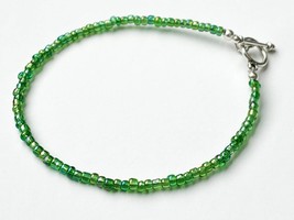 Dainty Seed Bead Bracelet, Iridescent Green Czech Glass Bracelet, Tiny Minimalis - £10.94 GBP