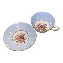 Vtg Footed Teacup &amp; Saucer Rosina Taylor &amp; Kent Blue Band Floral Gold Bo... - $33.66