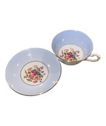 Vtg Footed Teacup &amp; Saucer Rosina Taylor &amp; Kent Blue Band Floral Gold Bo... - $33.66