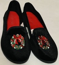 Vintage Citi Steps Black Velvet Flats Christmas Holiday Wreath Shoes Wom... - $22.99