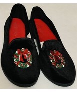 Vintage Citi Steps Black Velvet Flats Christmas Holiday Wreath Shoes Wom... - $31.44 CAD