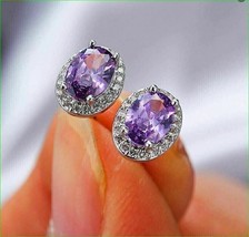 4.20Ct Oval Simulated Amethyst Halo Stud Earrings 14k White Gold Plated Silver - £84.18 GBP