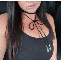 Black Faux Suede Wrap Choker Necklace with Silver Charms – Adjustable - $15.00