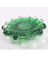 Vintage Green Swirl Art Glass Shallow Trinket Dish Murano Style Ruffle Edge - $24.74