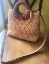 FOSSIL Weaved Leather Wood Handle w/Detachable Crossbody Leather Strap P... - $33.85 CAD