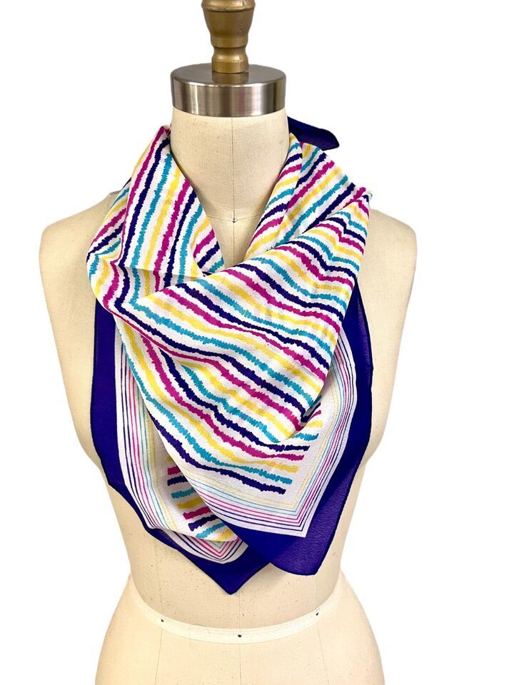 Vintage Boselli Scarf Italy 1980S Candy Stripes Purple Polyester 26&quot; Square - $21.38