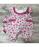 Vintage Pink Floral Bubble Romper Jumpsuit Sandals Baby 3-6 Mos Roses Pe... - $37.42