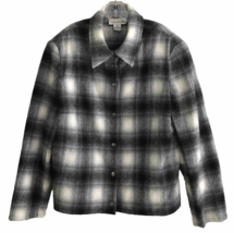Evan Picone Wool Blend Shacket Womens 16 Shirt Jacket Gray Black Fade Plaid Snap - £19.55 GBP