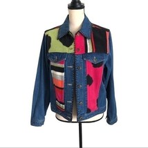 Vintage 80s SUSAN BRISTOL Fleece PatchWork Blue Denim Jeans Jacket Women Size M - £46.28 GBP