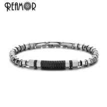 REAMOR New Adjustable Men Bracelets Black Matte Stainless Steel Bracelet Silver  - £22.18 GBP