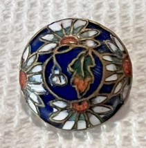 Antique Daisys on Cobalt Floral Enamel Button 5/8&quot;  Detailed Colorful - $24.26