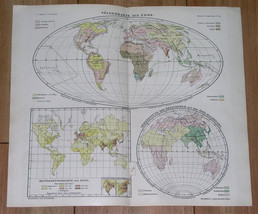 1901 Antique Map Of The World Population Races Religions Islam Christianity - $23.18