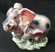 Vintage Porcelain 4&quot; Lusterware Elephant Momma &amp; Calf Trunk Up Baby Nice Colors - £15.80 GBP