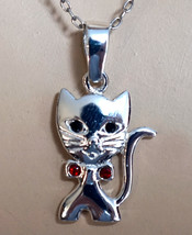 Sterling Silver Necklace &amp; Cat Pendant Black Eyes Red Accents Marked SU ... - £20.77 GBP