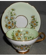 Fine Bone China STAFFORDSHIRE Cup and Saucers GREEN/WHITE DAISIES w/Gold... - £23.57 GBP