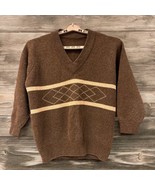 Vintage Wool Sweater Mens XL Brown Tan V-neck 3/4 Sleeves Thick Heavy - $47.02