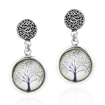 Chic Winter Tree of Life Enamel Circle Frame Sterling Silver Post Drop Earrings - £14.08 GBP