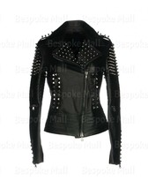 New Women Black Genuine Stylish Leather Jacket Spiked Silver Studded Jacket-133 - £225.71 GBP