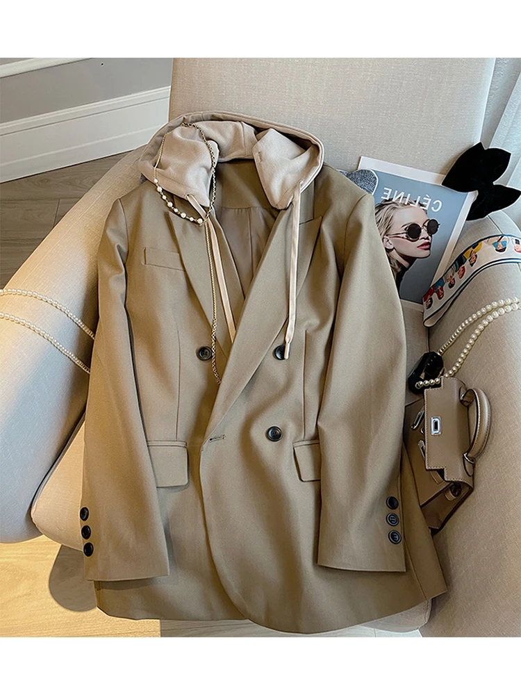 Women Khaki Double Breasted Patchwork Hooded Blazer  Fake Two Long Sleeve Loose  - £164.43 GBP