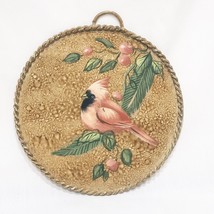 Cardinal on Branch Hand Painted Metal Circle Flat Christmas Ornament 5&quot; Vintage - £13.37 GBP