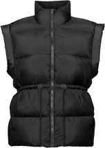 Woman&#39;s Black Drawstring Waist Zip Up Quilted Puffer Vest with Pockets - Size: M - £13.93 GBP