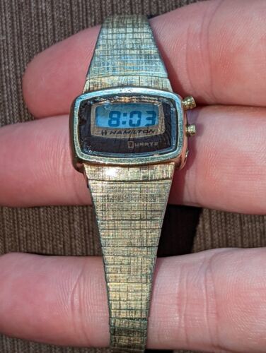 Primary image for Hamilton Digital Quartz Watch 890 Gold Band Time Works FOR PARTS 10k rgp bezel